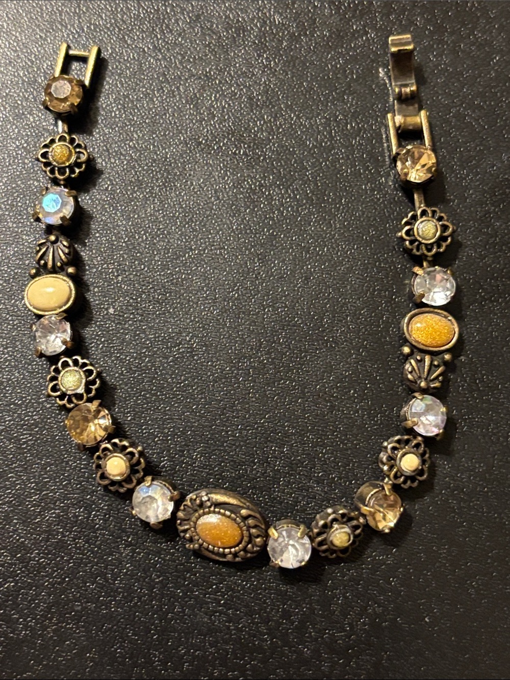Golden Floral Link Bracelet with Cream and Clear Accents Boho Antiqued Style‎